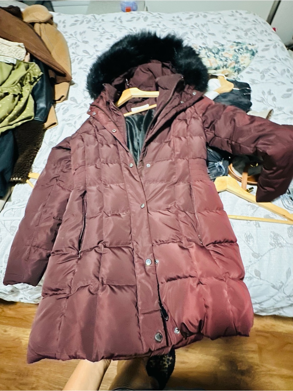 Women's Burgundy Puffer Coat with Faux Fur Hood